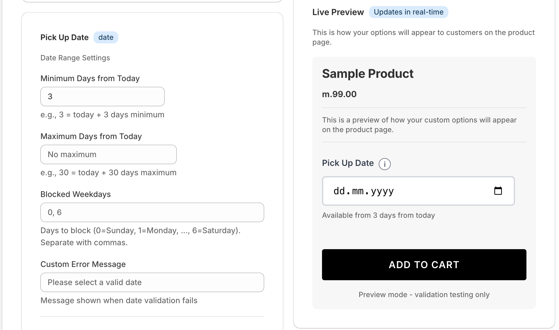 Date picker configuration