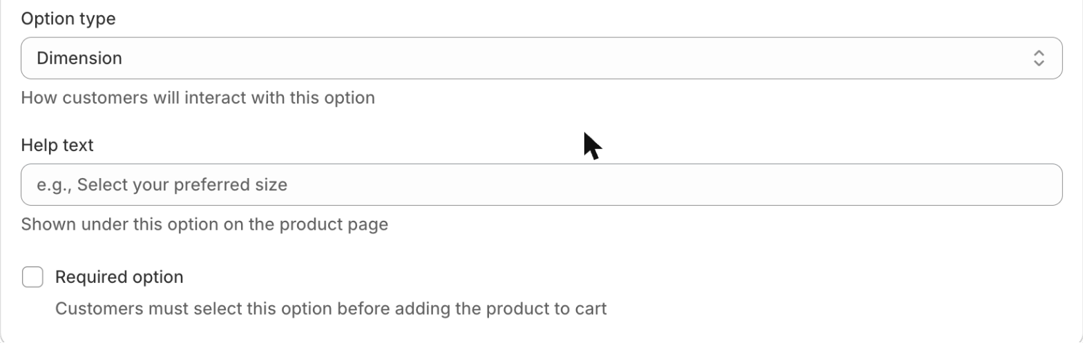 Dimension option configuration in the Optionify Option Set Editor showing the unit price field