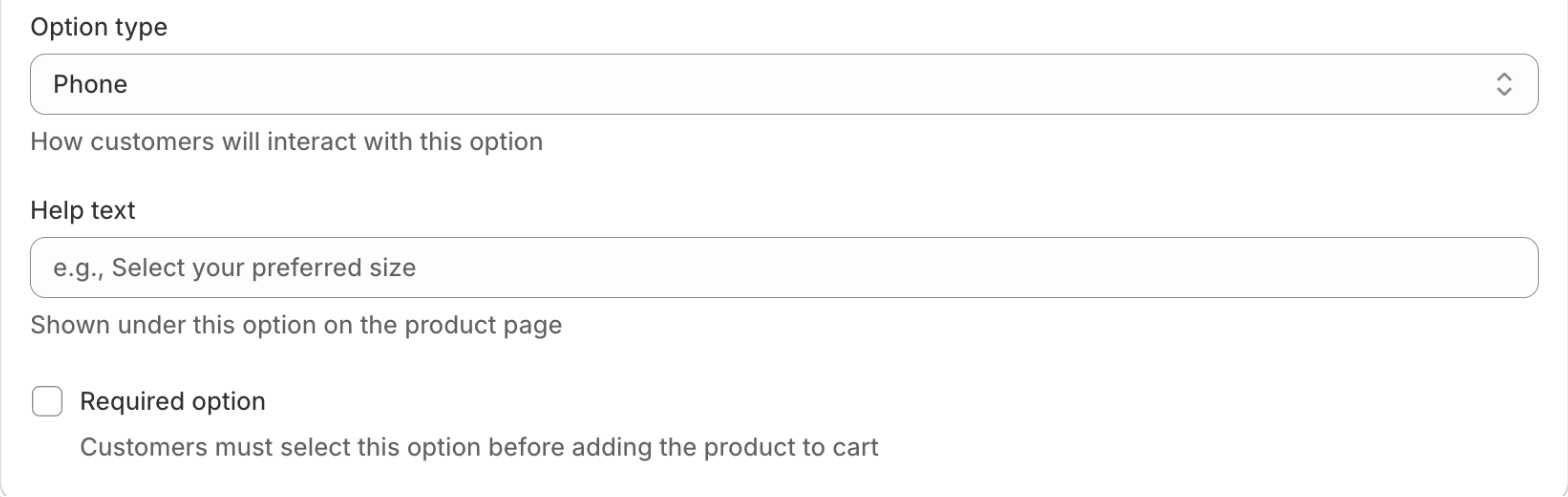 Phone option configuration in the Optionify Option Set Editor with the required toggle and help text