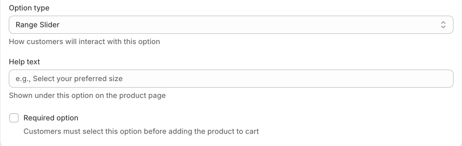 Range slider configuration in the Optionify Option Set Editor showing min, max, step and per-unit price fields